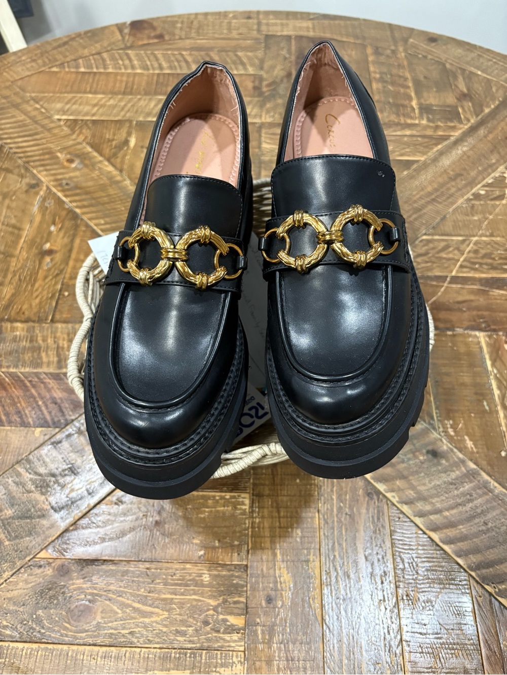 Circus by Sam Edelman Black Leather Platform Loafers with Gold Chain Accent